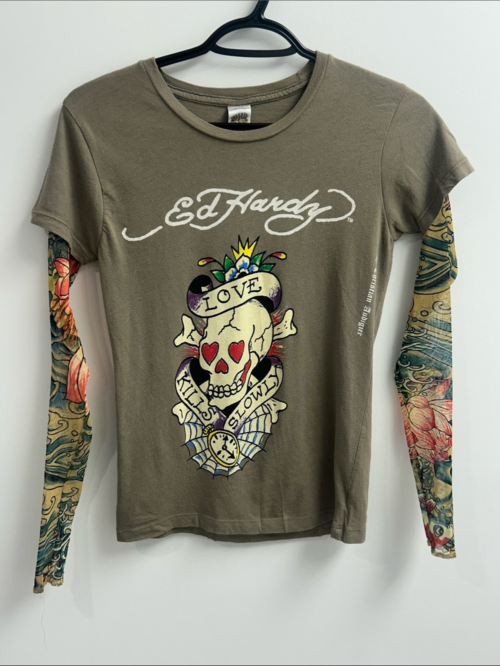 Vintage Ed Hardy Olive Graphic Skull Tattoo Sleeve Top